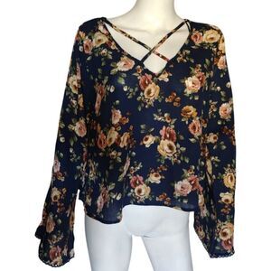 Allie Rose Blouse Women Large Blue Floral Lattice V-neck Balloon Sleeves Boho